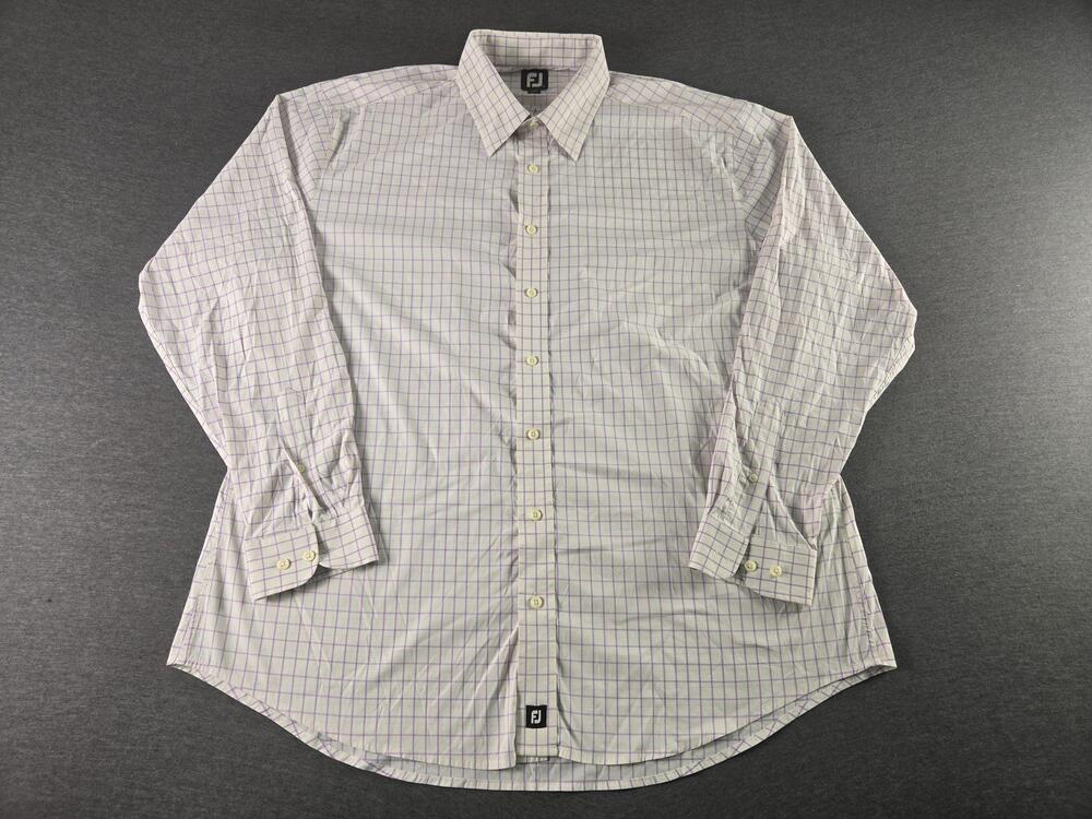 FootJoy Shirt Mens 2XL White Purple Check Long Sleeve Button Up Stretch Golf